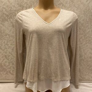 White House Black Market Beige Long Sleeve Faux Layered V-Neck Top